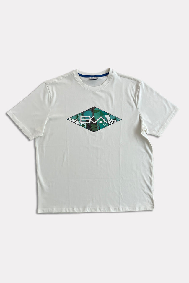 T-shirt in jersey di cotone elasticizzato, fresca e comoda, bianca con stampa logo BKA coordinata al pantaloncino.