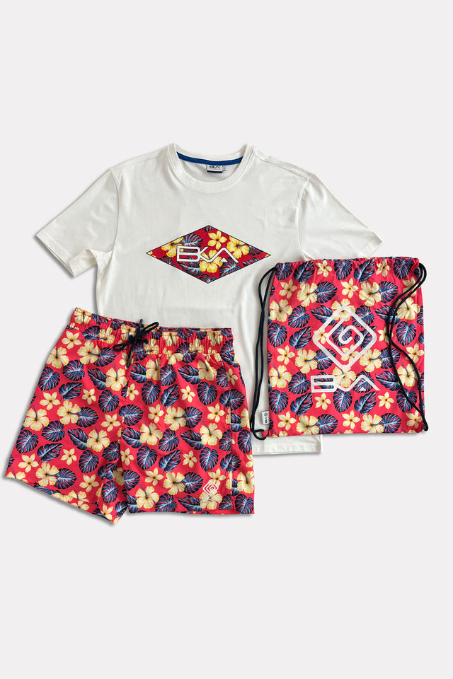 Set mare uomo composto da costume, t-shirt e pratica sacca in stampa coordinata Hibiscus.