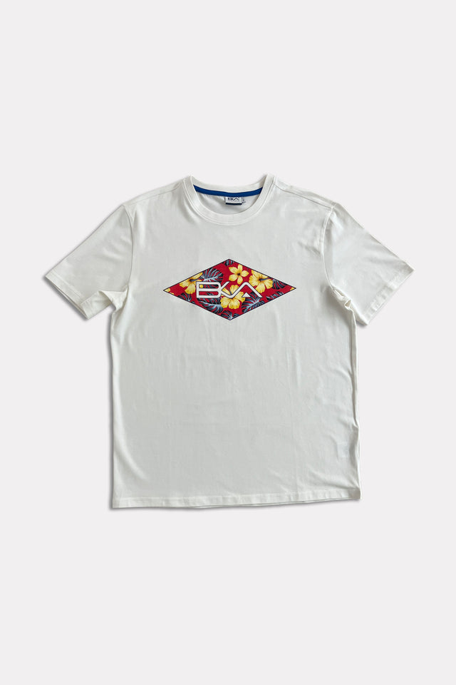 T-shirt in jersey di cotone elasticizzato, fresca e comoda, bianca con stampa logo BKA coordinata al pantaloncino.