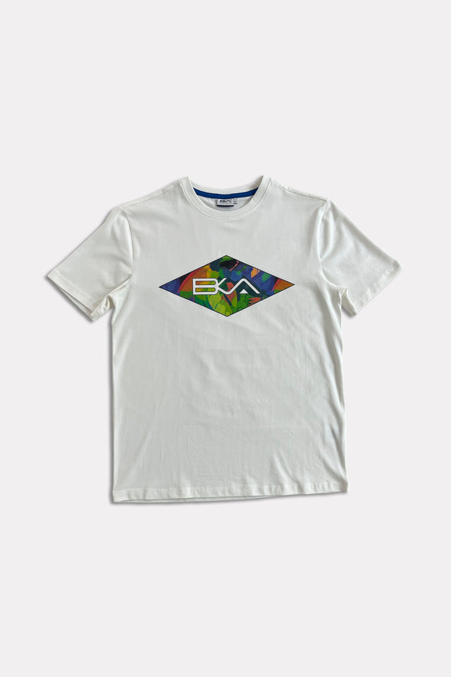 T-shirt in jersey di cotone elasticizzato, fresca e comoda, bianca con stampa logo BKA coordinata al pantaloncino.